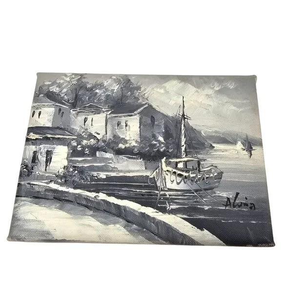 Vintage Painting Canvas Signed Small Water Scene Harbor Boat Landscape Grayscale - Picture 1 of 10